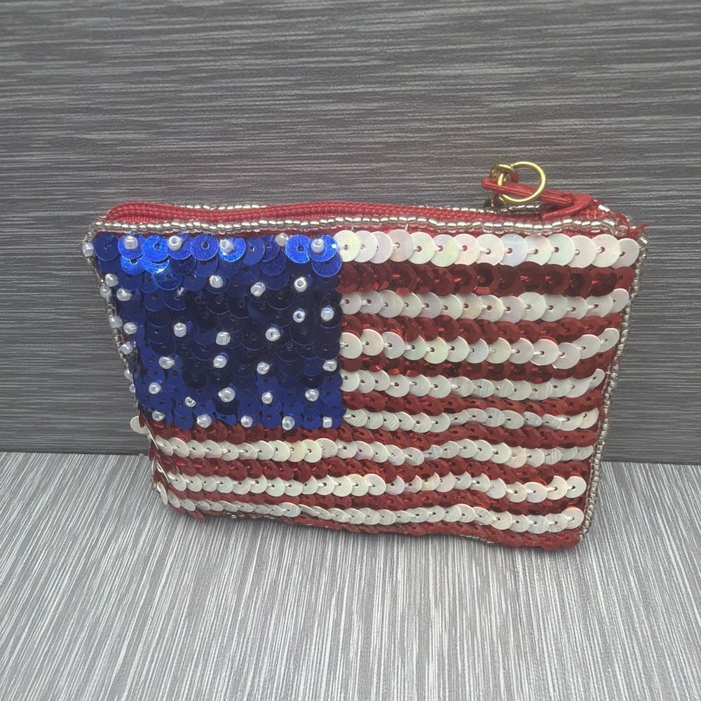 American Flag Sequin Coin Purse Keychain USA Patriotic Red White Blue Zip Pouch